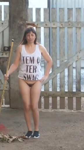 Wife without panties working in front yard teasing husband   Clip 1