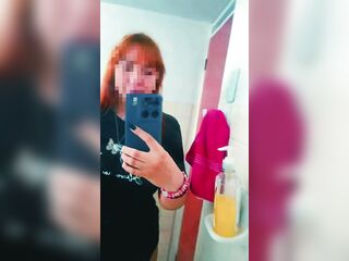Curvy Redhead Mirror Selfie: Lifts Shirt to Show Biggest Natural Titties in Washroom