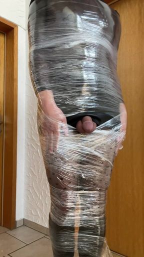 dirty crossdressing sissy slut home alone and wrapped in plastic wrap mummification self bondage