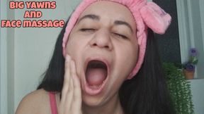 Massaging my face with hydrating cream and long yawns with my mouth wide open