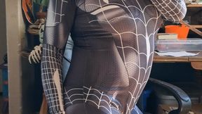 Naughty Nora Dressed Up for Halloween Wearing Skin Tight Spidey Body Suit Blowing Big Blue Balloon: Riding, Squeezing, Rubbing