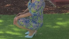 Blue Dress Goddess: Outdoor Foot Tease & Sole Seduction in Tan Stockings