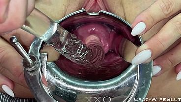 CrazyWifeSlut Fuck her cervix with glass dildo