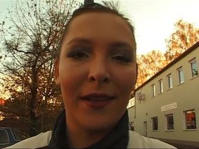 German girl giving an outdoor interview
