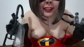 Cute Trans Elastic Mommy Tit Slap and Lactating after Pumping her Tits with Vacuum Milking Machine