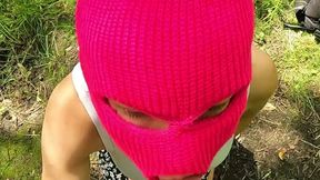 Ski mask girl sucks strangers cock in the woods