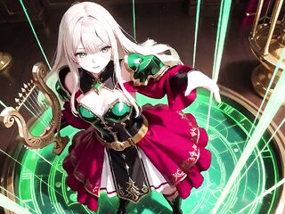 Forbidden Dream in Red & Green Armor! Blond Knight Lounges Seductively Whilst Her Silver -haired Partner Kneels to Serve