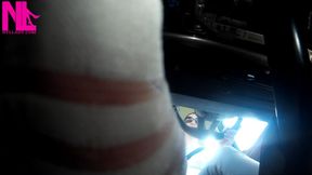 Driving in white transparent socks and white jeans