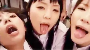 Jizz- dripping tounge-tangling teen Asian threesome with sultry expressive eyes