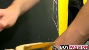 Young gay stuffs ass with toy while wanking cock for jizz