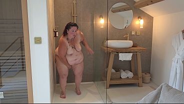 Only woman shows her solo shower self-love with a big dildo