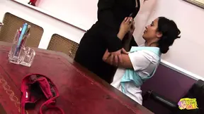 Hot secretary finds boss's sex toys, masturbates and gets punished by lesbian boss