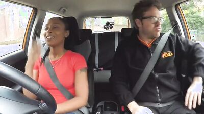 Fake Driving School ebony learner with big tits is worst driver yet