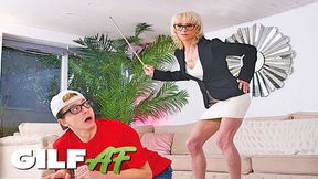 Older woman trains inexperienced young lad sexually, intense and rough