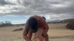 dom master fucks and uses submissive slut on public beach and pisses inside his ass