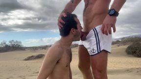 dom master fucks and uses submissive slut on public beach and pisses inside his ass