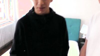 Cute little twink sucks two guys off before threesome fucking