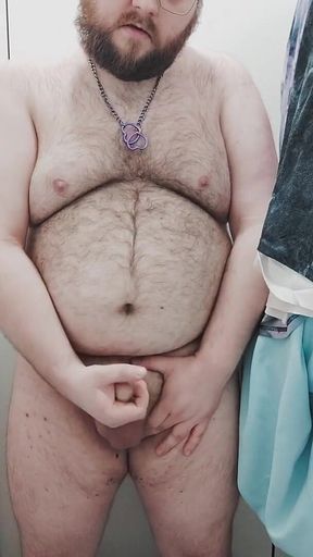 Fat Bear Jerks off on Toilet and Licks up His Cum