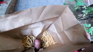 Outdoors double hand job into the fries bag... I'm jerkin'it!