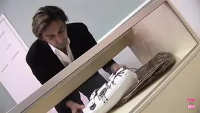 Blonde vixen gets a cumshot from her sleazy shoe salesman