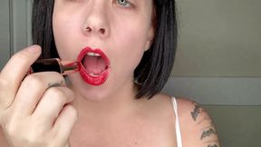 GF teases with red lips and white lingerie