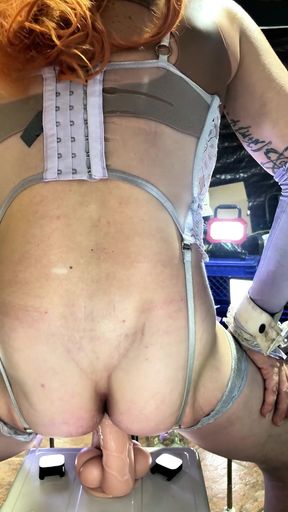 TS Shemale Beautiful Ass in Lingerie Stockings Riding Anal Double Huge Dildo