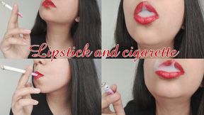 Red lipstick, cigarette smoking and sensual smoke blowing
