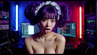 A lovely Asian girl in a cyberpunk computer room office, Ai animation