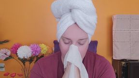 Fun Nose Honking in Hair Towel and Robe with Hanky