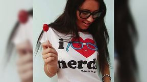 Lustful nerdy fingers her pussy tenderly and sensually