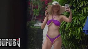 Fiery blonde given big cock by the public pool
