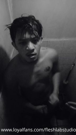 Tattooed Pinoy Twink Jerks Off in Dark Toilet, Unloads Hard