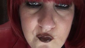 (hd) Red Leather, Dark Brown Lipstick and Spitting Upclose