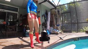 Ultra Girl Carissa goes Scuba diving in the pool; high-heeled boots, pantyhose, and all!