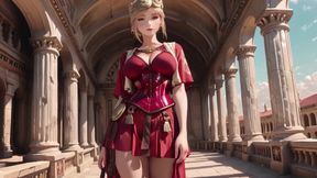 Red Armor Queen! Gaze in the Roman Corridor, Skirt Lift Reveal, Hand on Lips Teasing You...