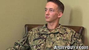 Young soldier in uniform strips naked and starts to wank off