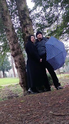 Muslim woman plays and blows a large cock outside in the park   Clip 1