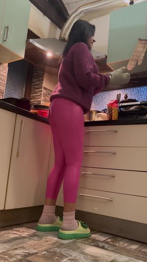 Pink Leather Leggings & Cameltoe Tease in the Kitchen