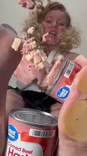 Can Corn Beef Hash Barefoot Food Crushing Soles Under Glass POV