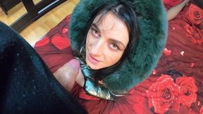 stepmom was face-fucked. cum on shiny and fluffy down-jacket.