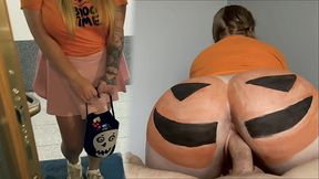 Halloween Pumpkin Squirts Cum On Busty Blonde's Big Natural Tits