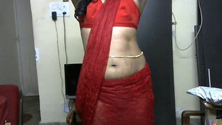 Krithi strip tease in red saree, navel tease with belly chain, curvy hip