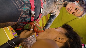 Tattoo Lesbians hard Fuck with Strap-on - Squirting and Piss
