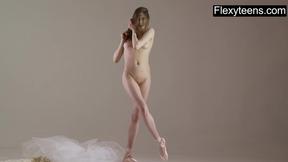 ”Blonde gymnast performs gymnastics”