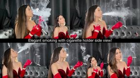 Elegant smoking with cigarette holder side view!
