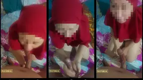 My big Dick gets Blowjob by beautiful Red Hijab Teacher