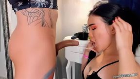 Intense Cock Sucking of Horny Babe to a Shemale