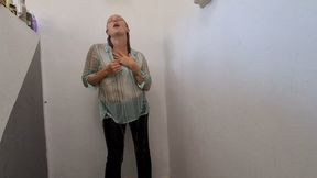 Wetlook shower in see through shirt and jeans