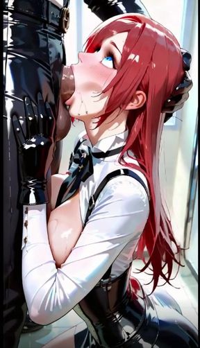 Horny redhead dressed in leather skirt sucking cock deeply.