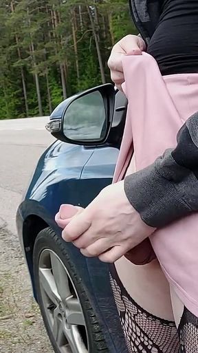 Risky Flashing and Cumshot on My Car Caught